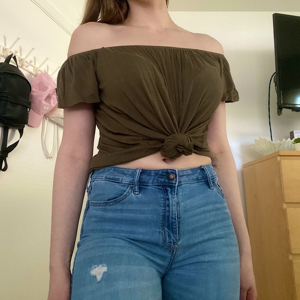 Off the shoulder olive green top